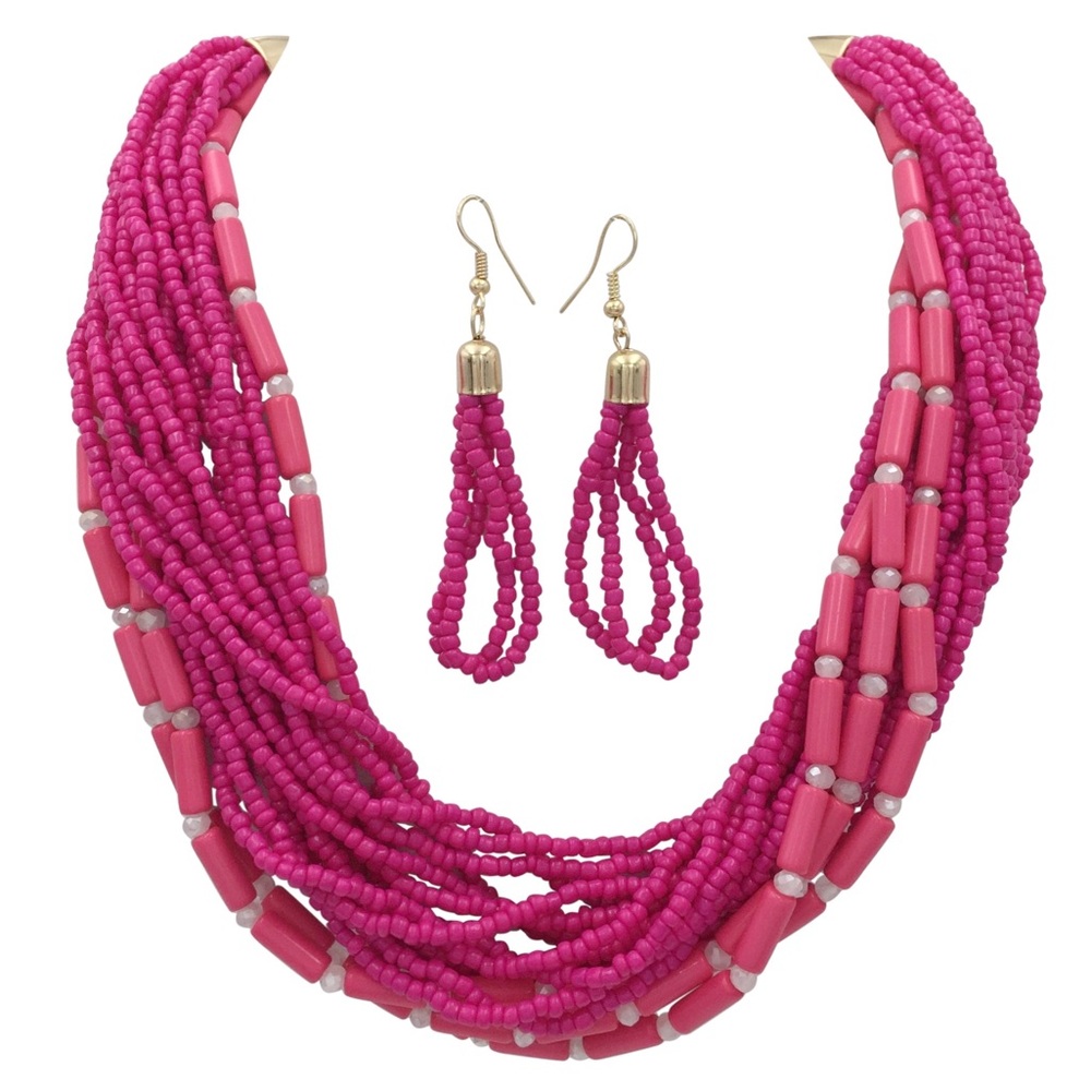 Bright Pink Layered Seed Bead Necklace Earring Set